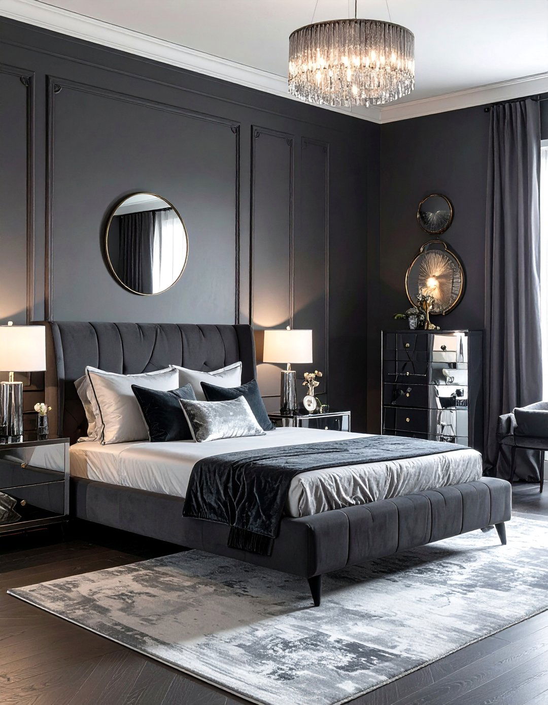 Dark Grey Bedroom with Mirrored Furniture - 30 Dark Grey Bedroom Ideas for a Sophisticated Retreat