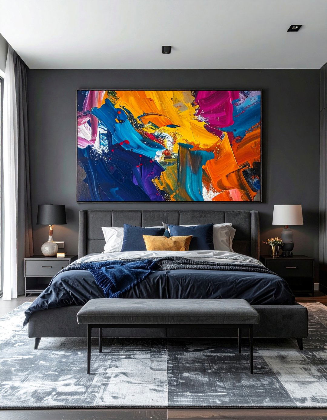 Dark Grey Bedroom with Oversized Artwork - 30 Dark Grey Bedroom Ideas for a Sophisticated Retreat