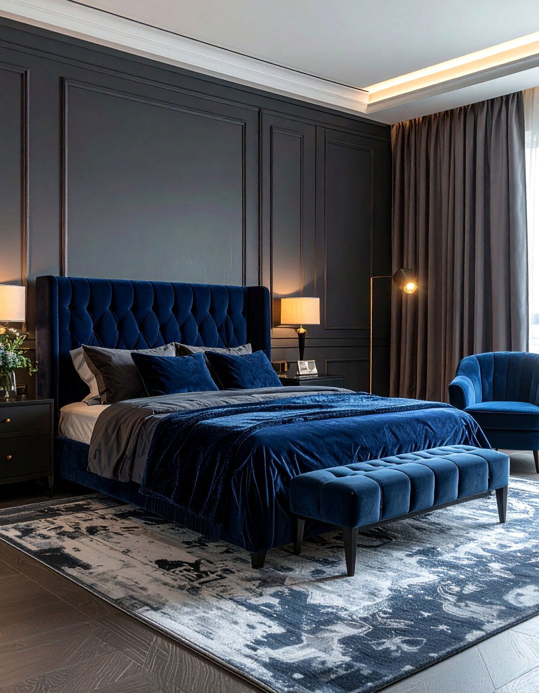 Dark Grey Bedroom with Plush Velvet Furnishings - 30 Dark Grey Bedroom Ideas for a Sophisticated Retreat