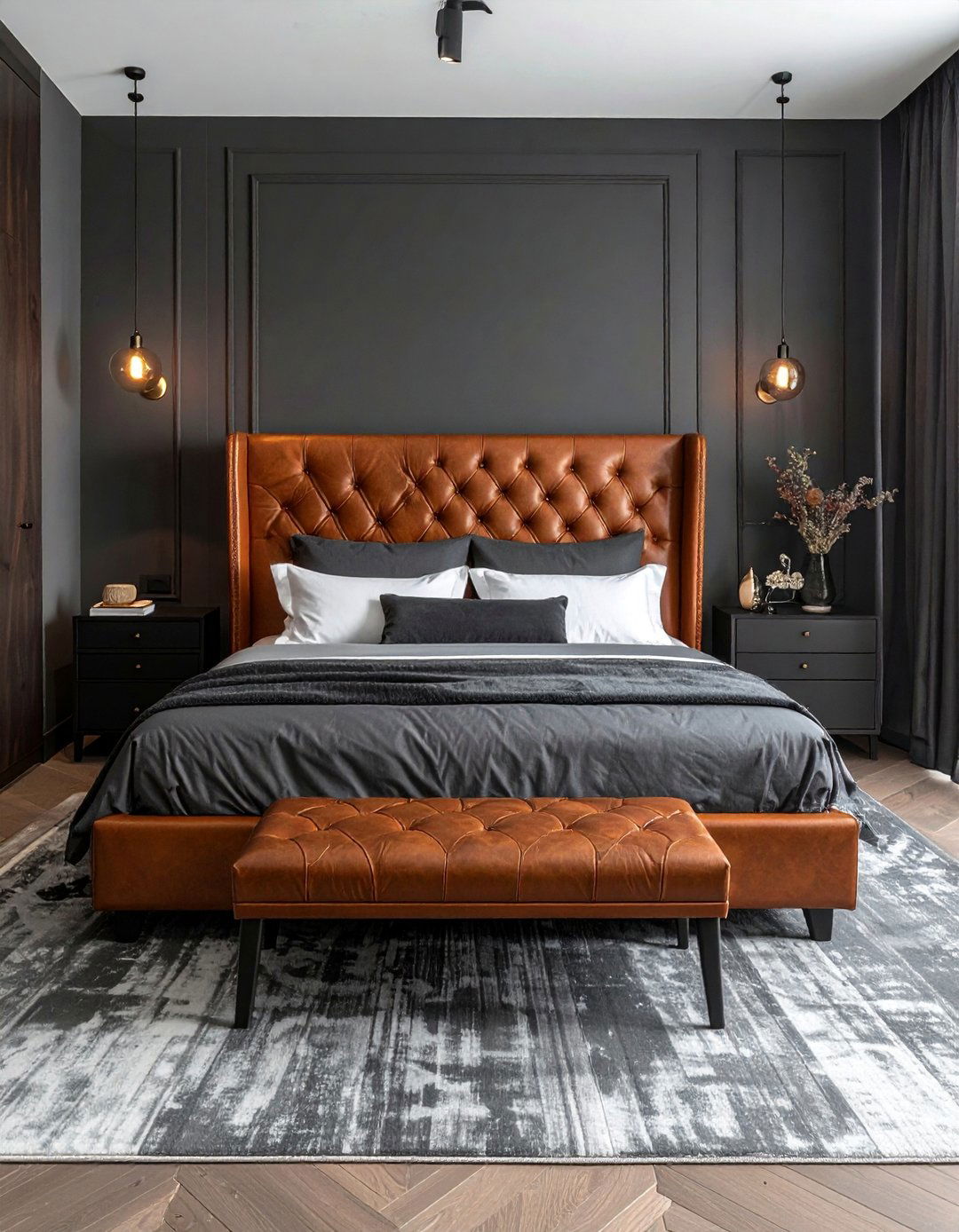 Dark Grey Bedroom with Rich Leather Accents - 30 Dark Grey Bedroom Ideas for a Sophisticated Retreat