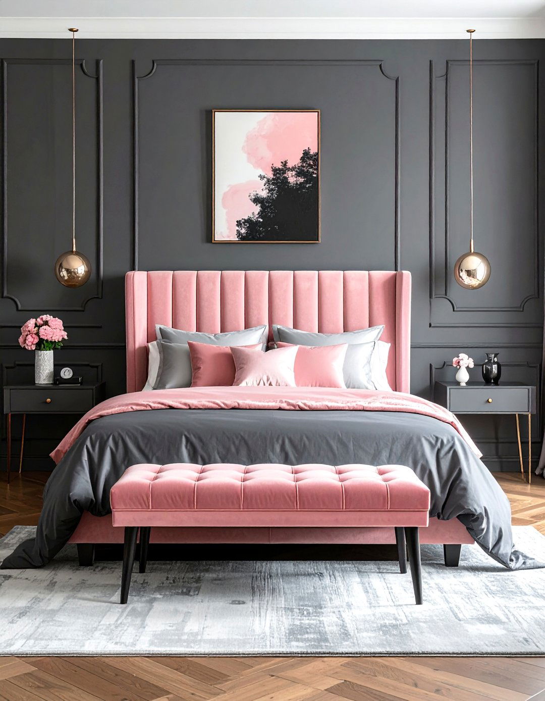 Dark Grey Bedroom with Soft Blush Pink Details - 30 Dark Grey Bedroom Ideas for a Sophisticated Retreat