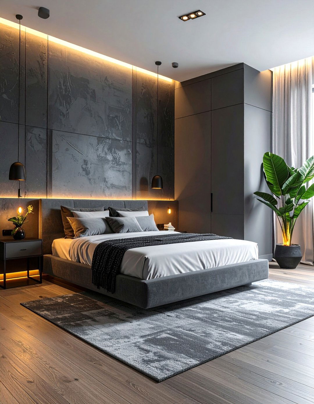 Dark Grey Bedroom with Strategic Ambient Lighting - 30 Dark Grey Bedroom Ideas for a Sophisticated Retreat