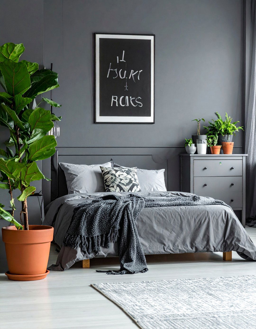 Dark Grey Bedroom with Vibrant Houseplants - 30 Dark Grey Bedroom Ideas for a Sophisticated Retreat