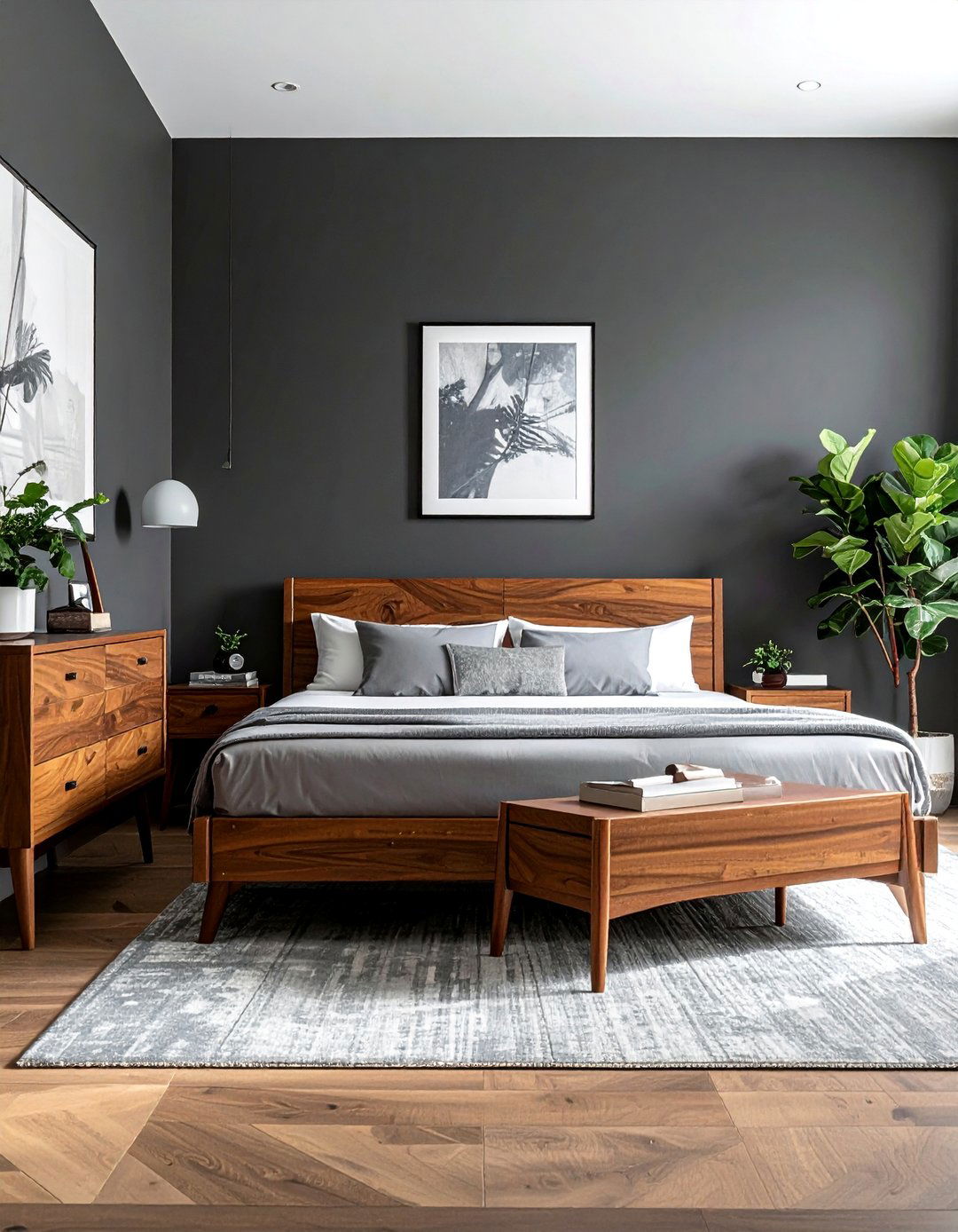 Dark Grey Bedroom with Warm Wood Furniture - 30 Dark Grey Bedroom Ideas for a Sophisticated Retreat