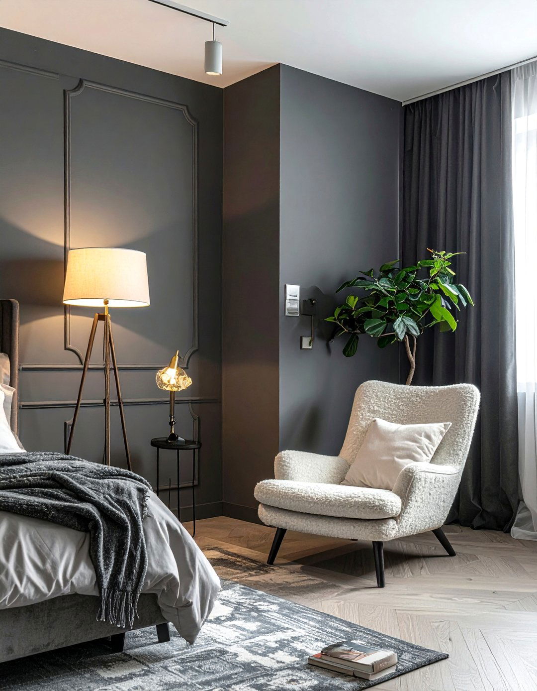 Dark Grey Bedroom with a Cozy Reading Nook - 30 Dark Grey Bedroom Ideas for a Sophisticated Retreat