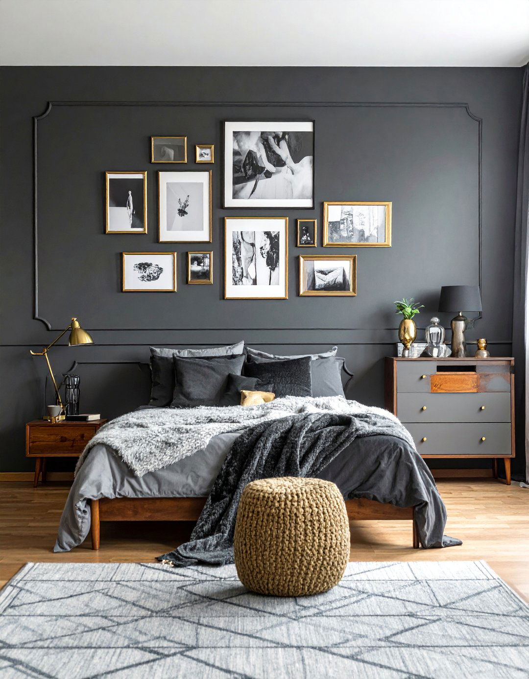 Dark Grey Bedroom with a Curated Gallery Wall - 30 Dark Grey Bedroom Ideas for a Sophisticated Retreat