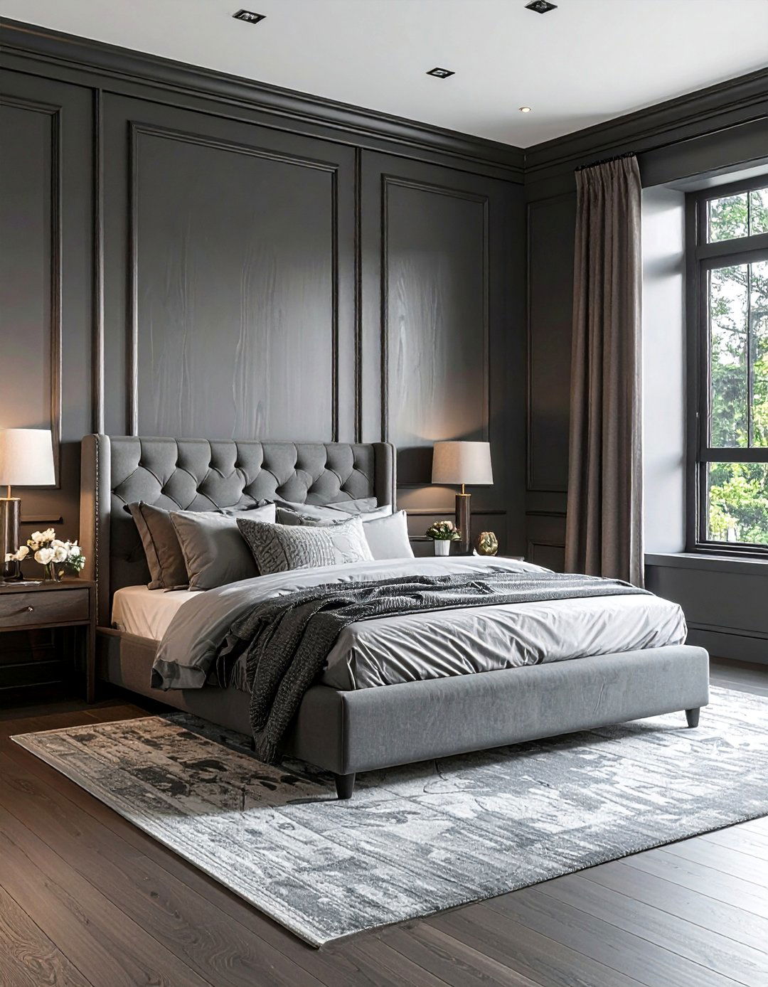 Dark Grey Bedroom with a Paneled Feature Wall - 30 Dark Grey Bedroom Ideas for a Sophisticated Retreat