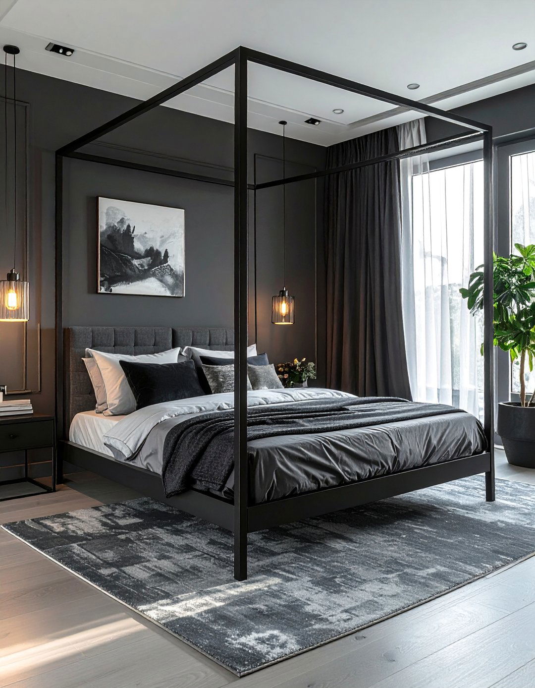Dark Grey Bedroom with a Sleek Canopy Bed - 30 Dark Grey Bedroom Ideas for a Sophisticated Retreat