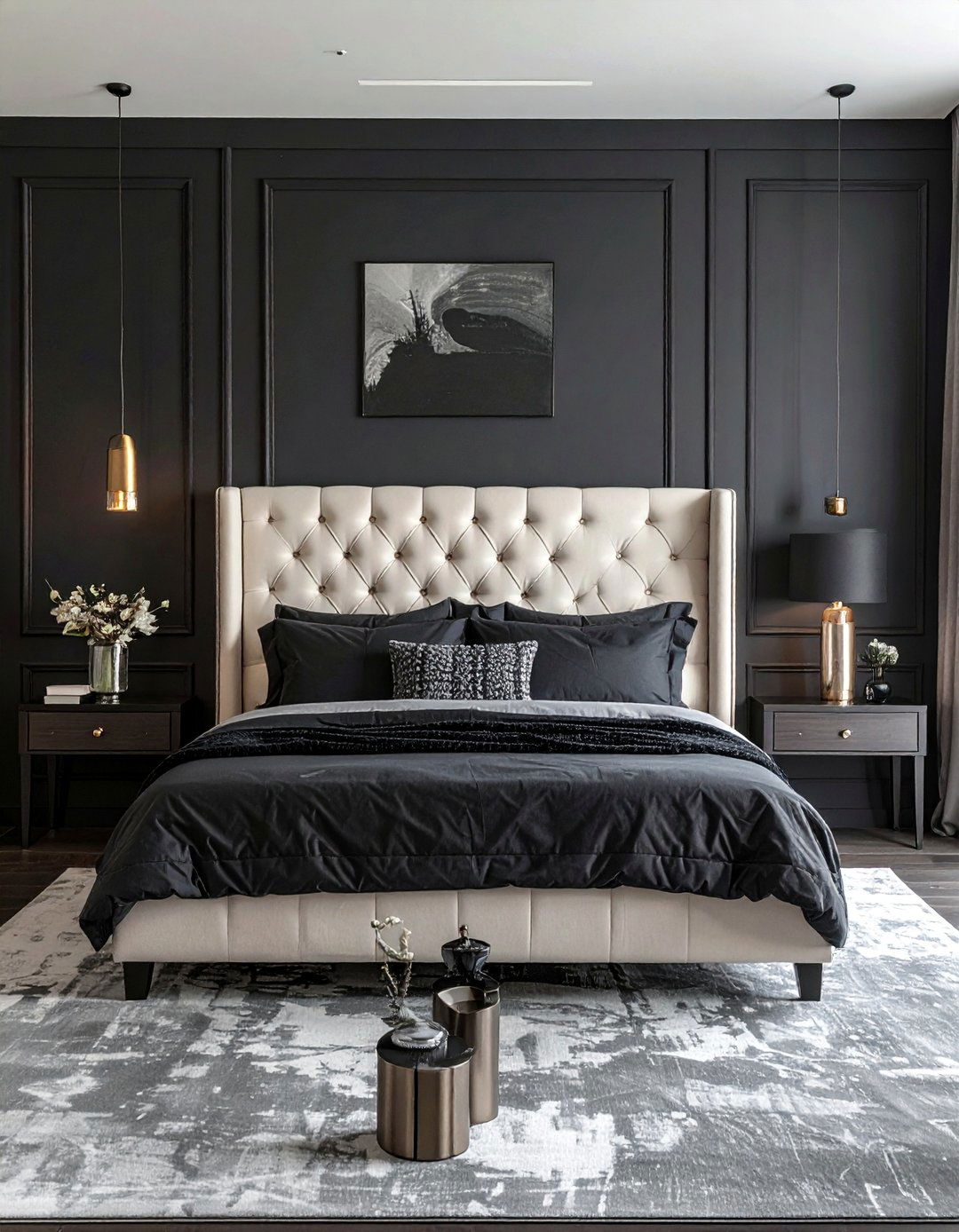 Dark Grey Bedroom with a Statement Tufted Headboard - 30 Dark Grey Bedroom Ideas for a Sophisticated Retreat