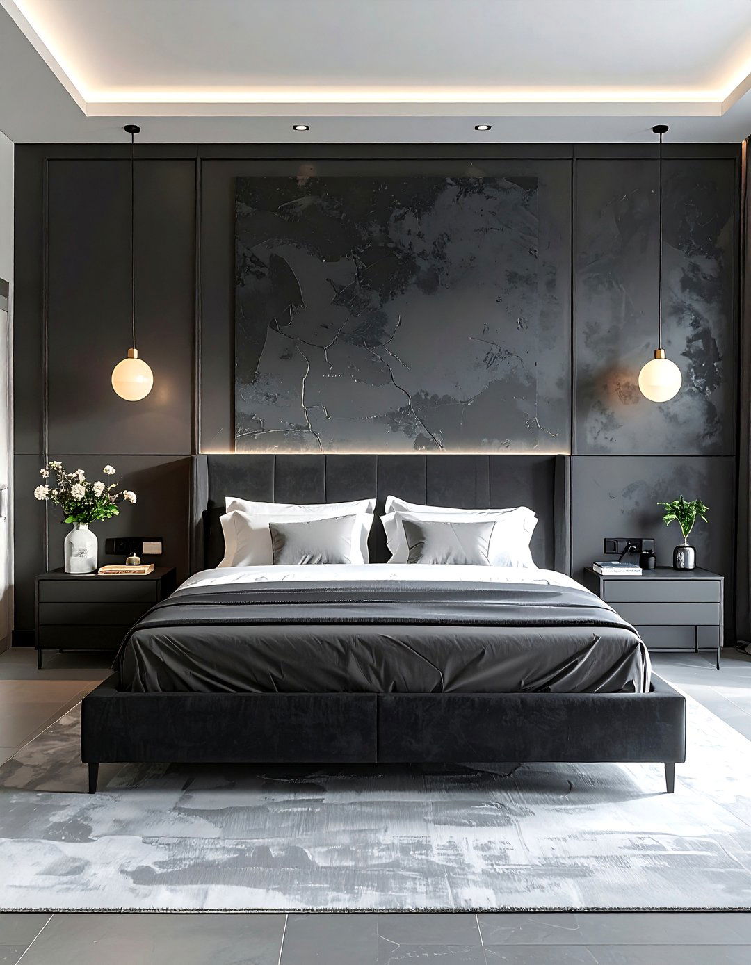 Dark Grey Bedroom with a Textured Accent Wall - 30 Dark Grey Bedroom Ideas for a Sophisticated Retreat