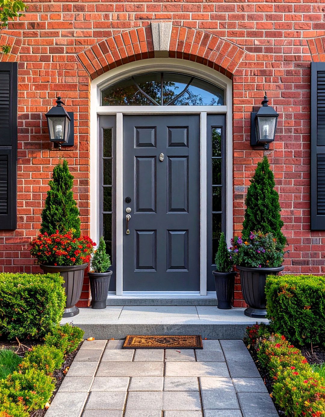 Dark Grey Front Door on a Red Brick Home - 25 Grey Front Door Ideas for a Stylish Entrance