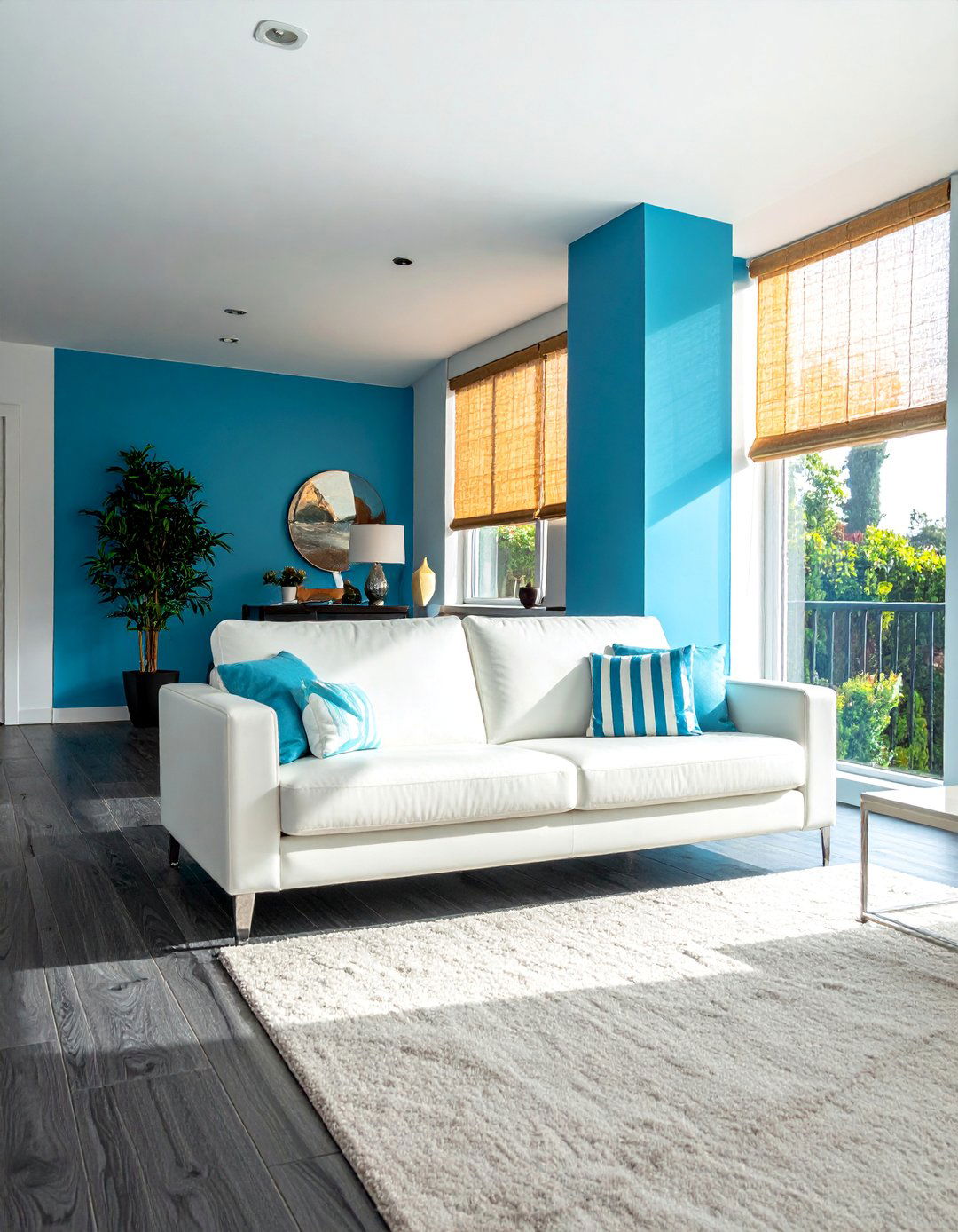 Dark Grey Vinyl Plank Flooring with Aqua Blue Walls - 20 Grey Floor Living Room With Blue Walls Ideas