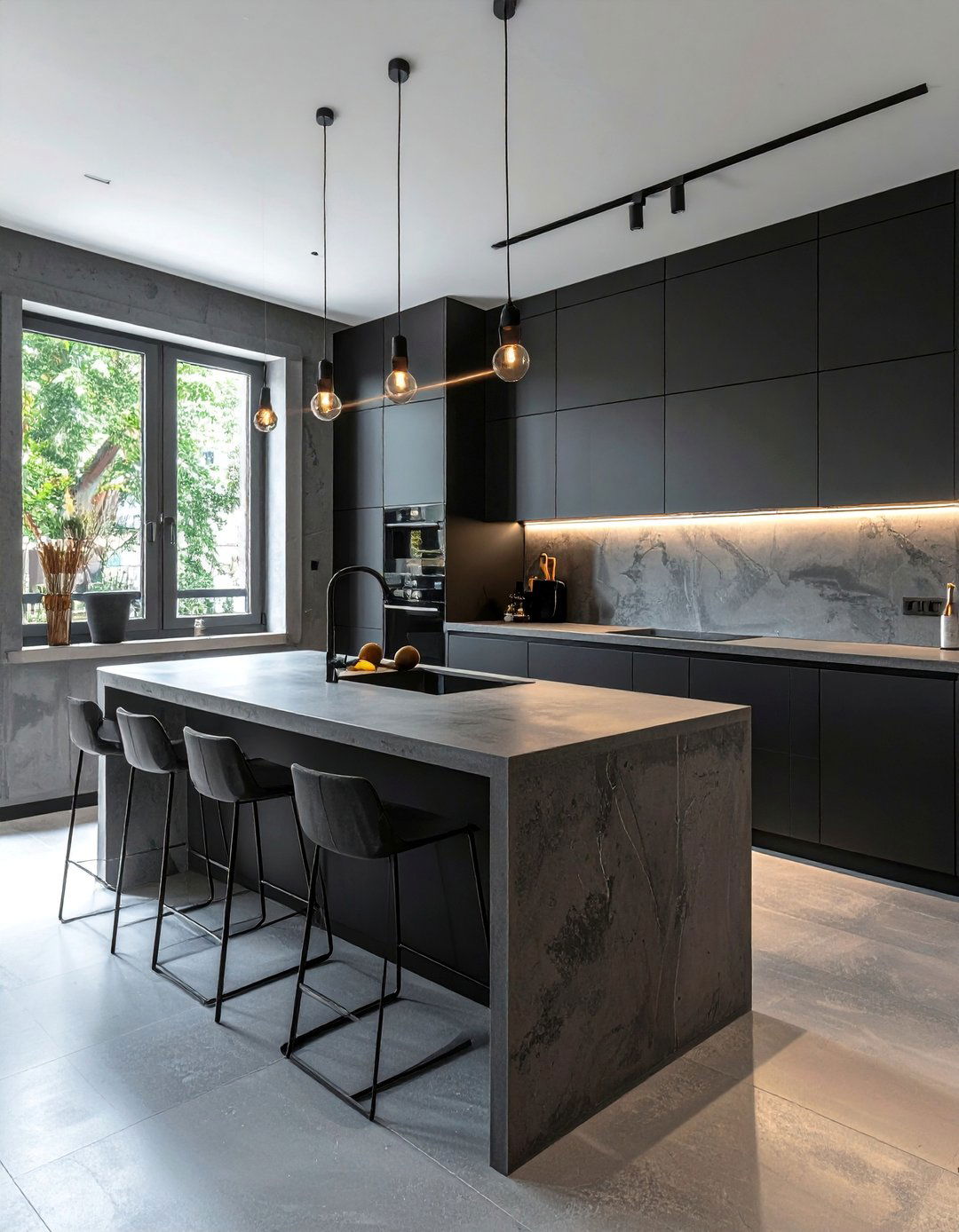 Dark Kitchen with Concrete Countertops - 25 Dark Kitchen Ideas for a Sophisticated Look