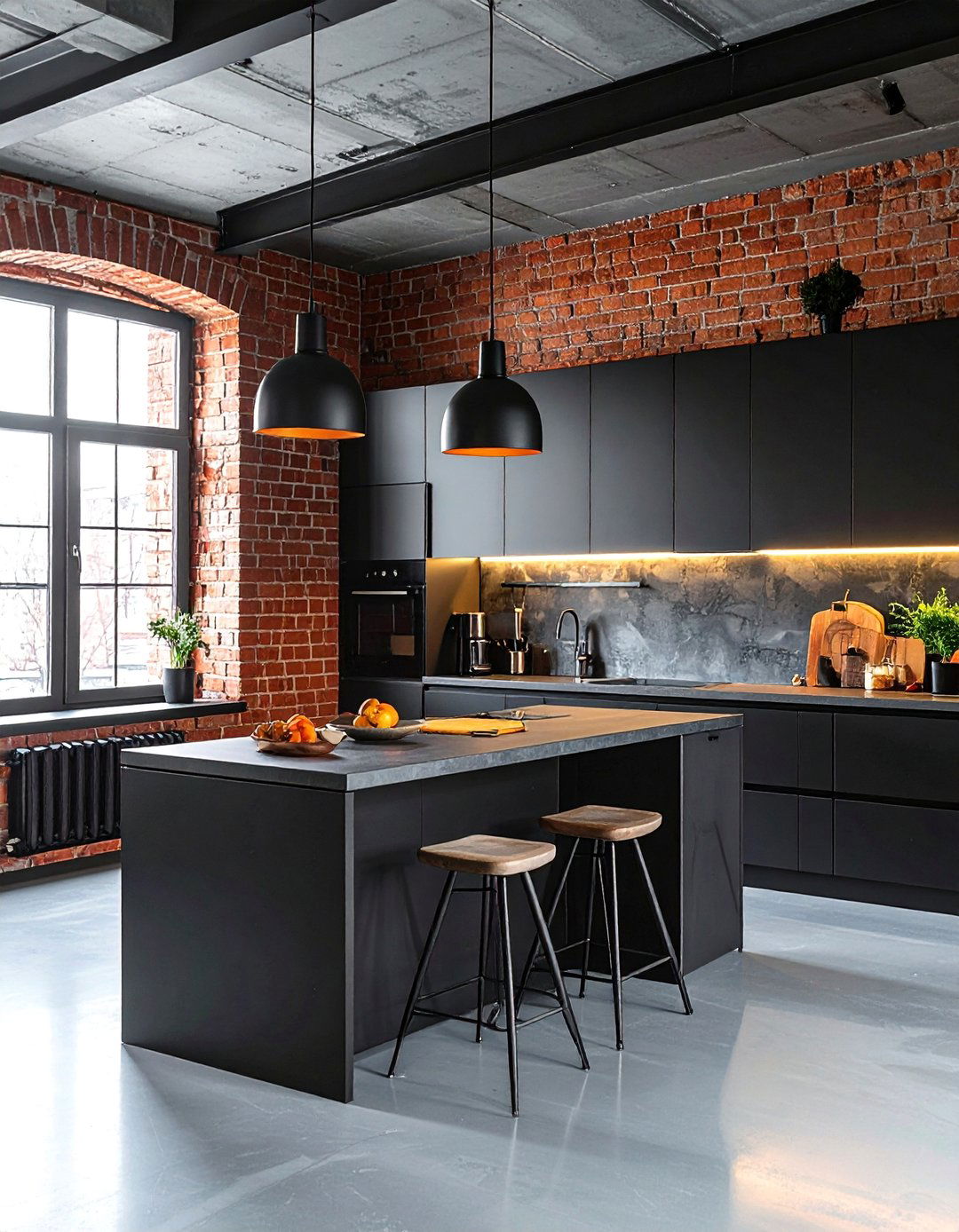 Dark Kitchen with Industrial Style Exposed Brick - 25 Dark Kitchen Ideas for a Sophisticated Look