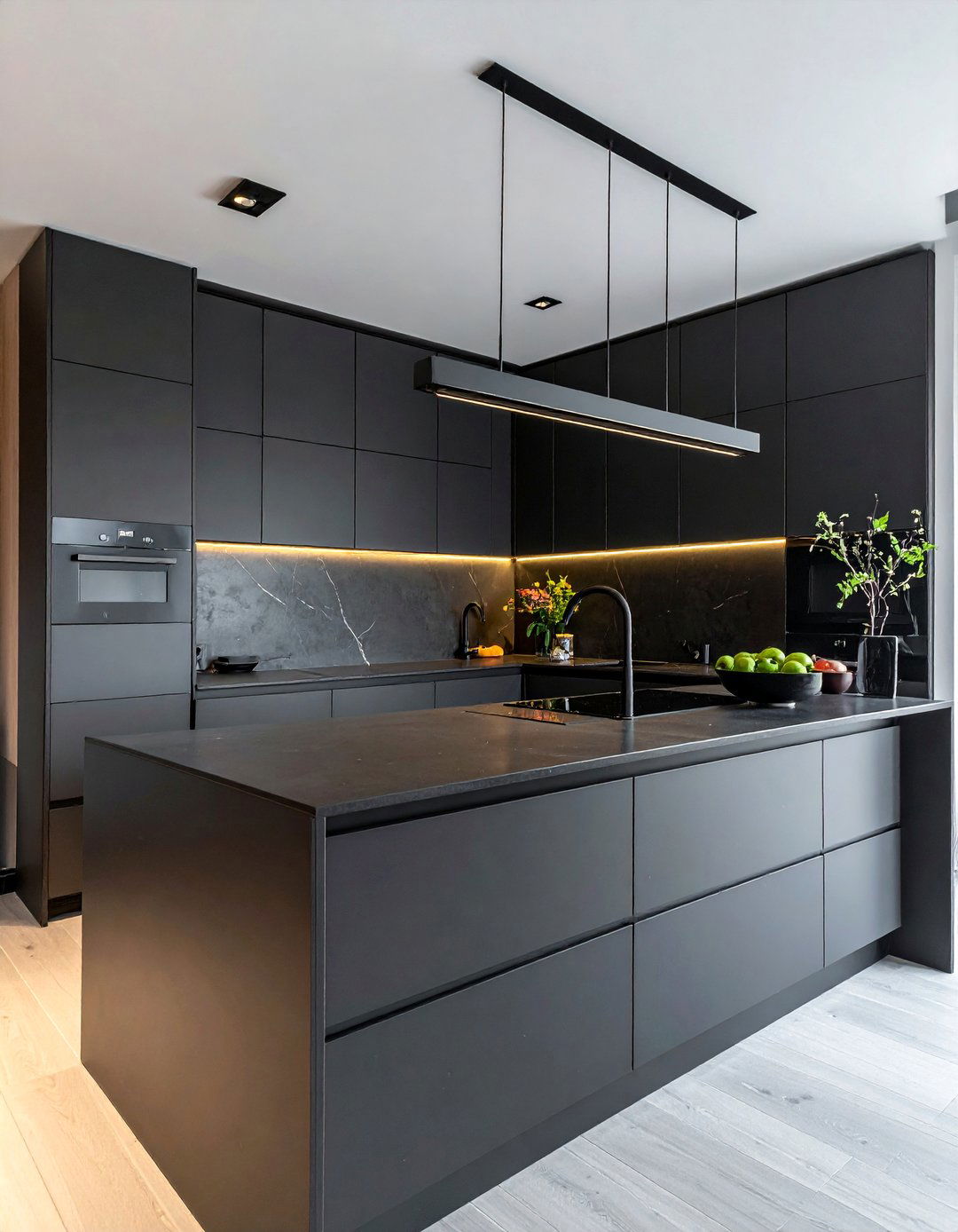 Dark Kitchen with Integrated Handleless Cabinets - 25 Dark Kitchen Ideas for a Sophisticated Look