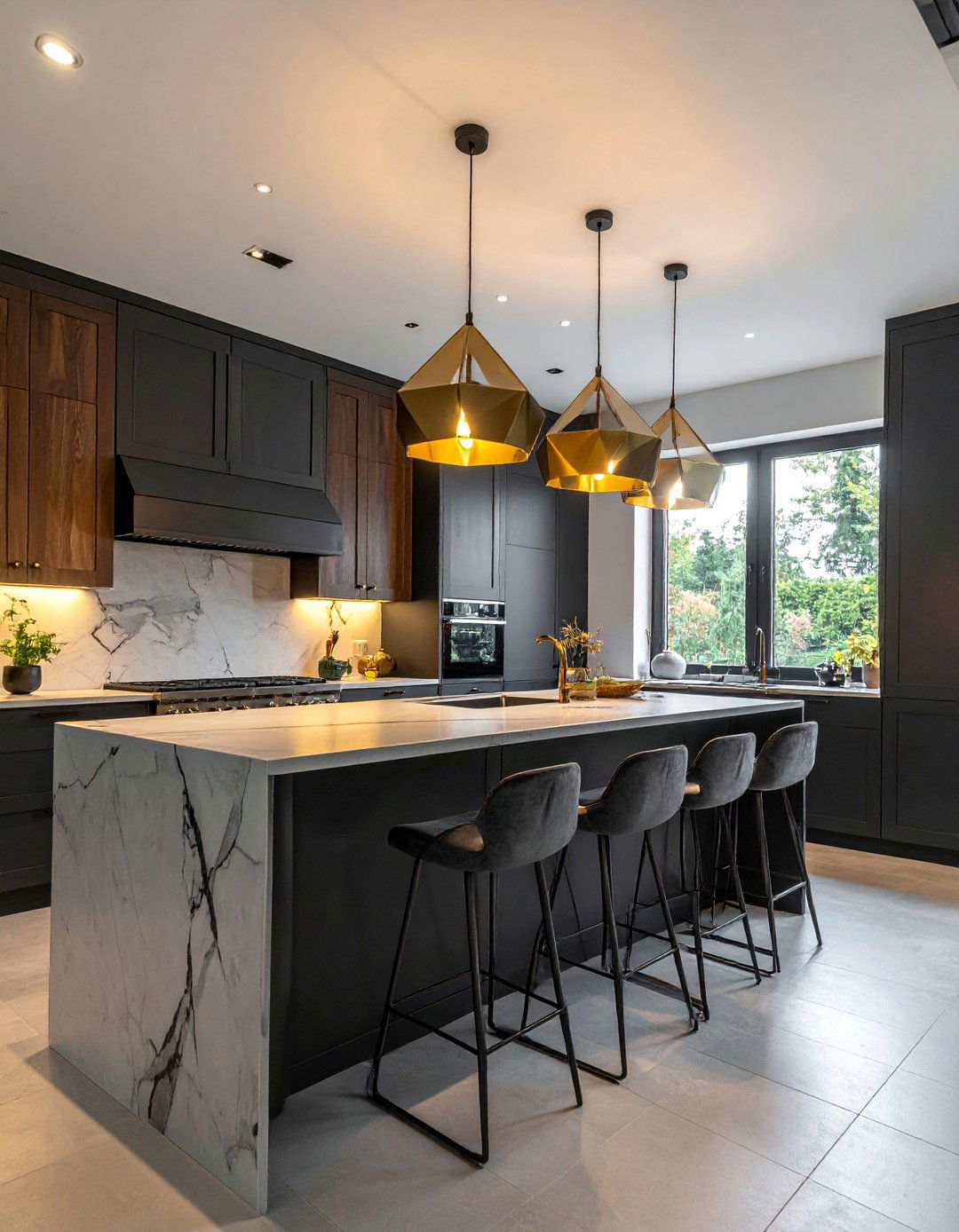 Dark Kitchen with Statement Pendant Lighting - 25 Dark Kitchen Ideas for a Sophisticated Look