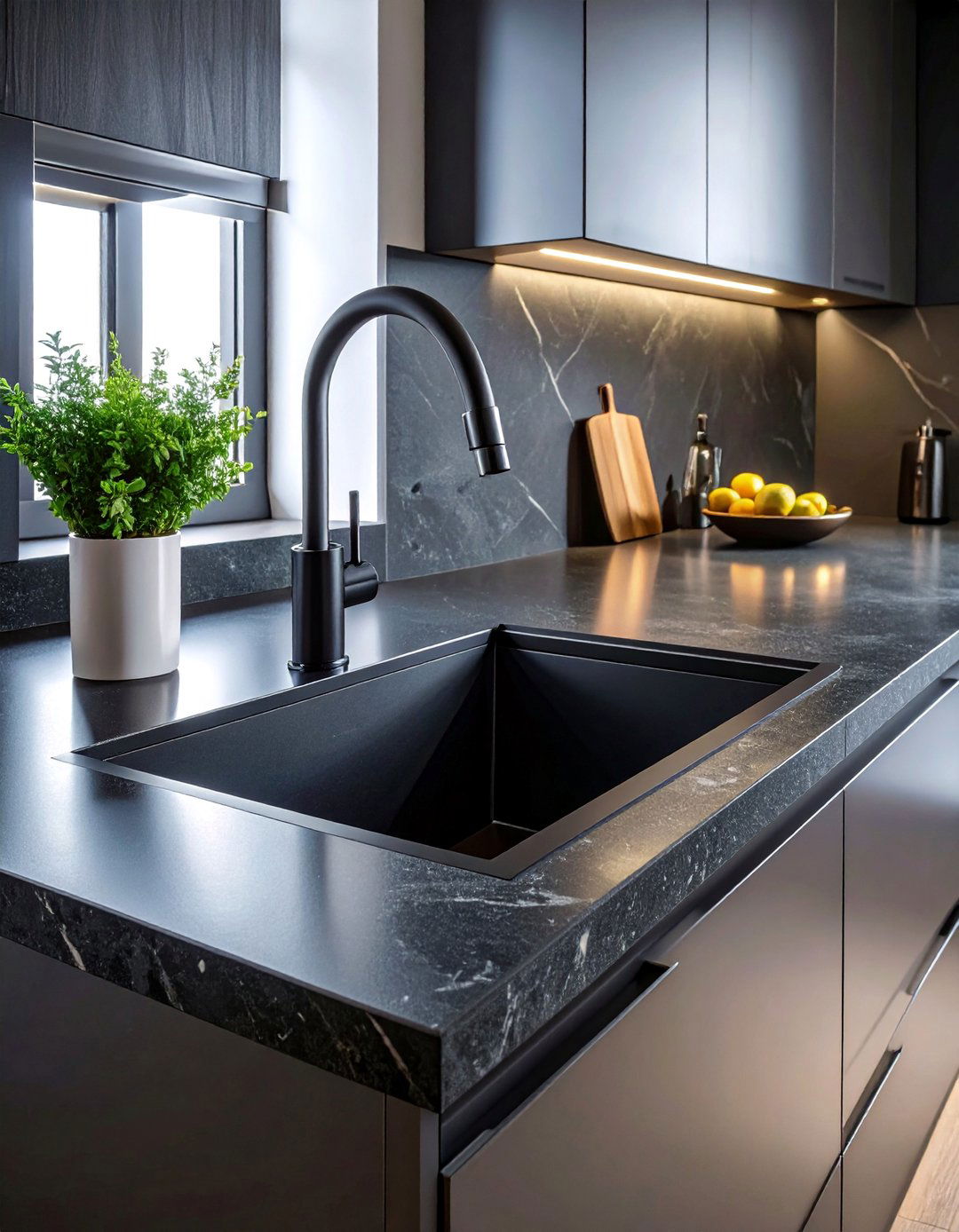 Dark Kitchen with a Black Sink and Faucet - 25 Dark Kitchen Ideas for a Sophisticated Look