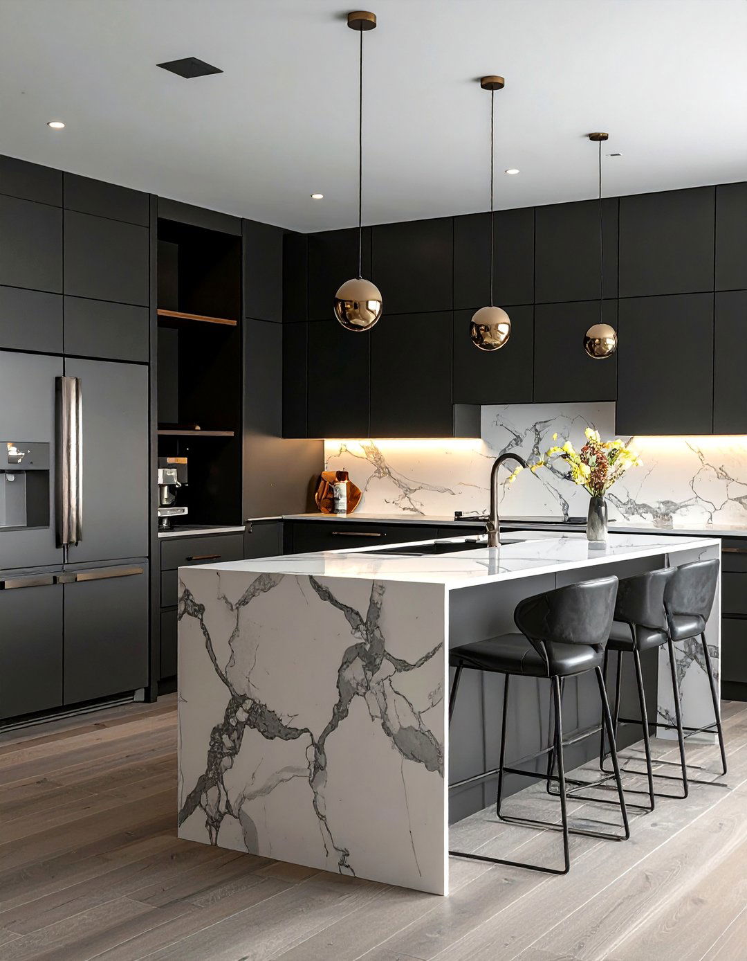 Dark Kitchen with a Contrasting Marble Backsplash - 25 Dark Kitchen Ideas for a Sophisticated Look