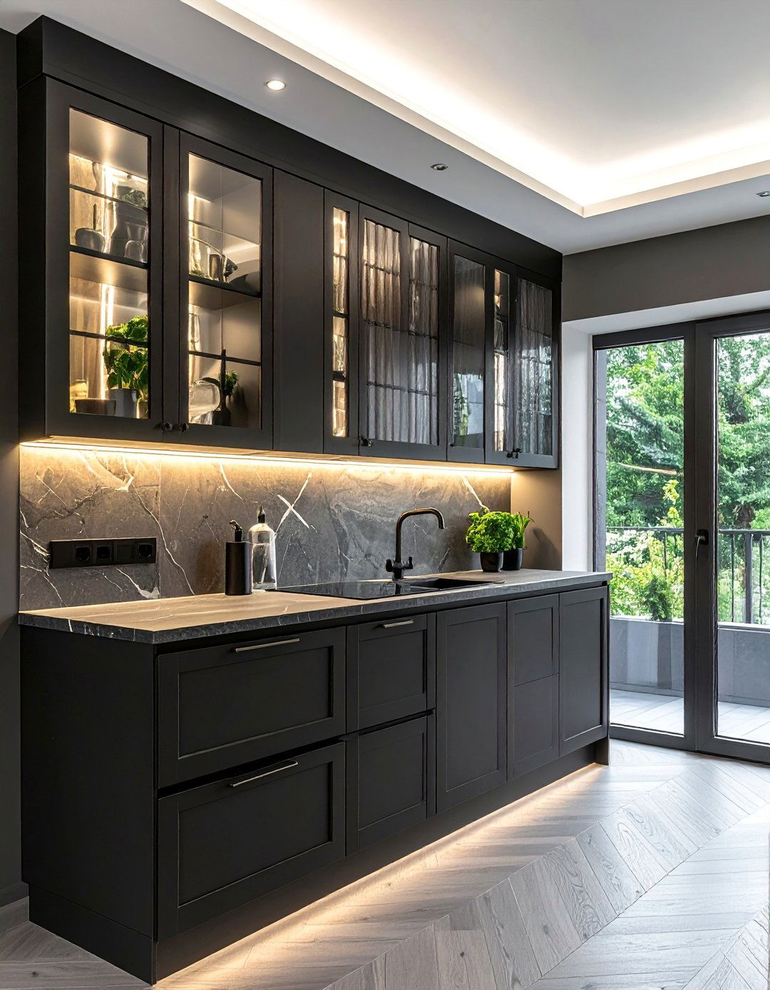 Dark Kitchen with a Fluted Glass Cabinet Door - 25 Dark Kitchen Ideas for a Sophisticated Look