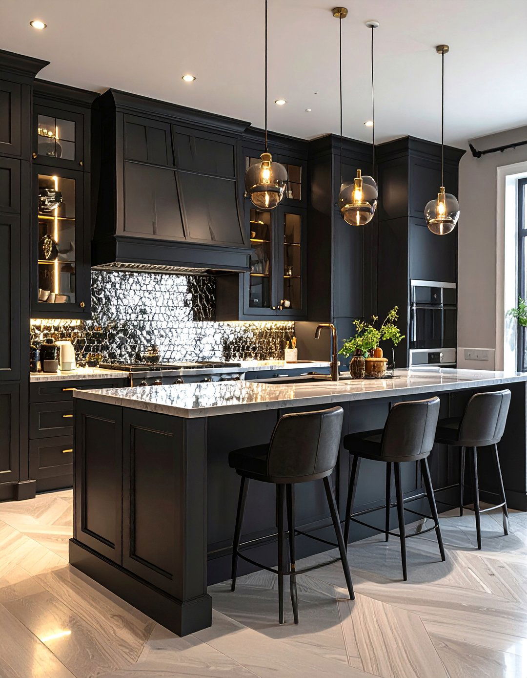 Dark Kitchen with a Mirrored or Reflective Backsplash - 25 Dark Kitchen Ideas for a Sophisticated Look