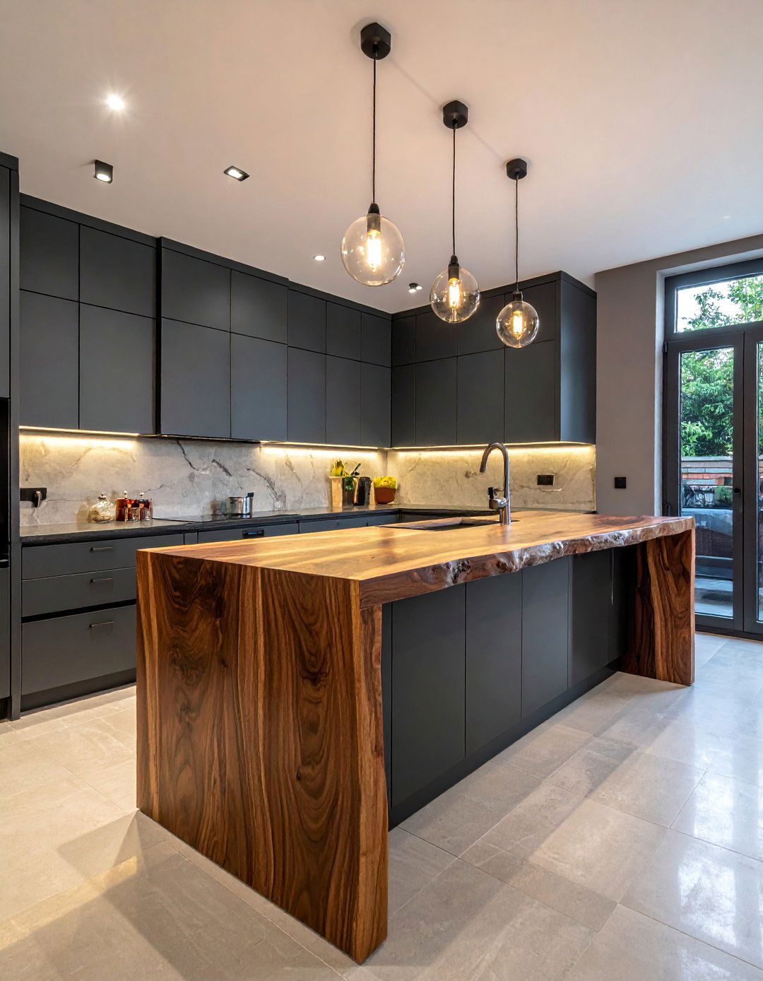 Dark Kitchen with a Wooden Waterfall Island - 25 Dark Kitchen Ideas for a Sophisticated Look