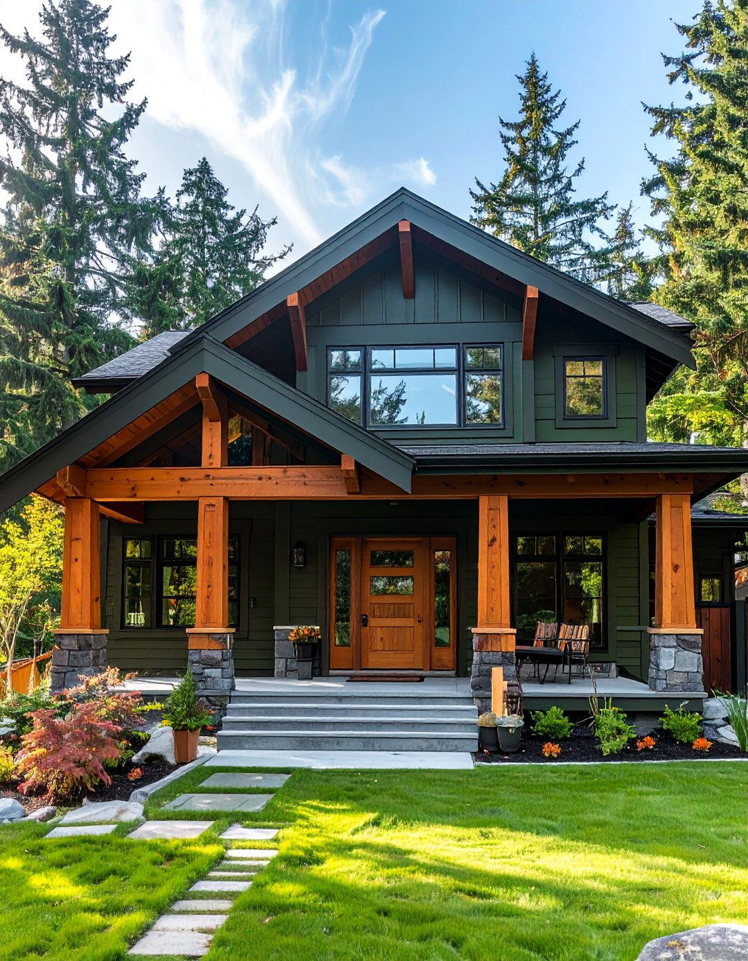 Dark Olive Green with Natural Wood Accents - 40 Dark Green Exterior Paint Color Schemes for Bold Homes
