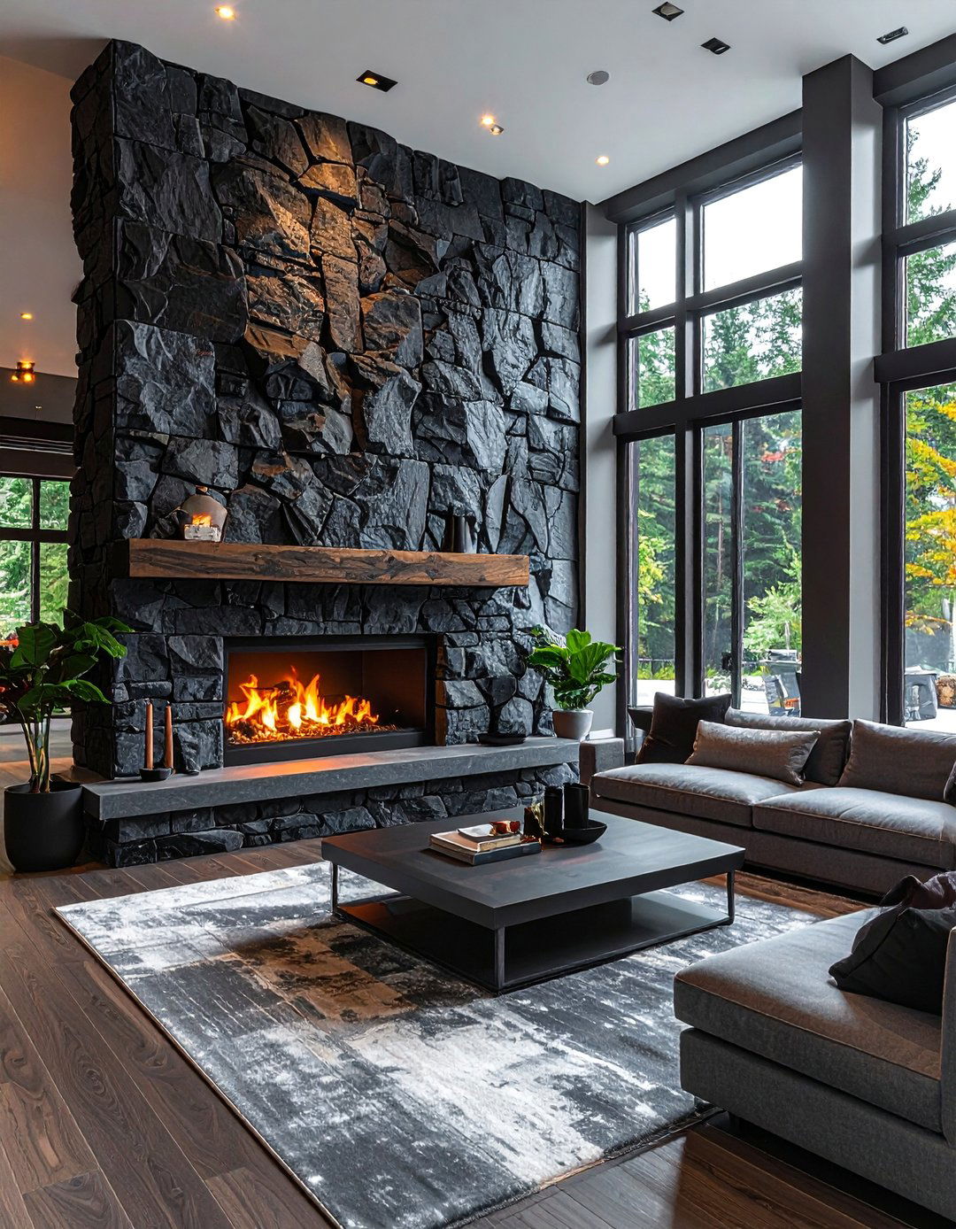 Dark River Rock Fireplace Design - 30 Unique River Rock Fireplace Ideas for Cozy Homes