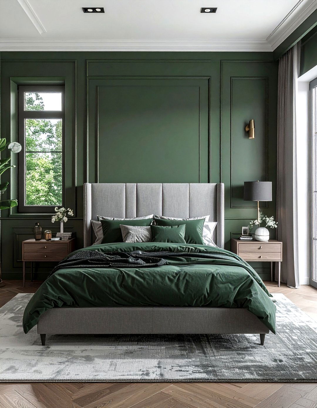 Dark Sage Green Walls with a Grey Upholstered Bed - 25 Sage Green and Grey Bedroom Ideas for a Relaxing Retreat