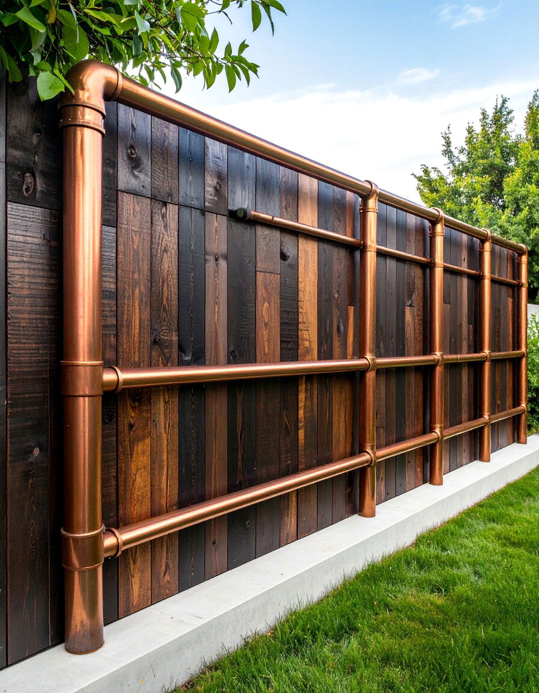 Dark Stained Wood with Copper Pipe Accents - 25 Metal and Wood Fence Ideas for Your Outdoor Space