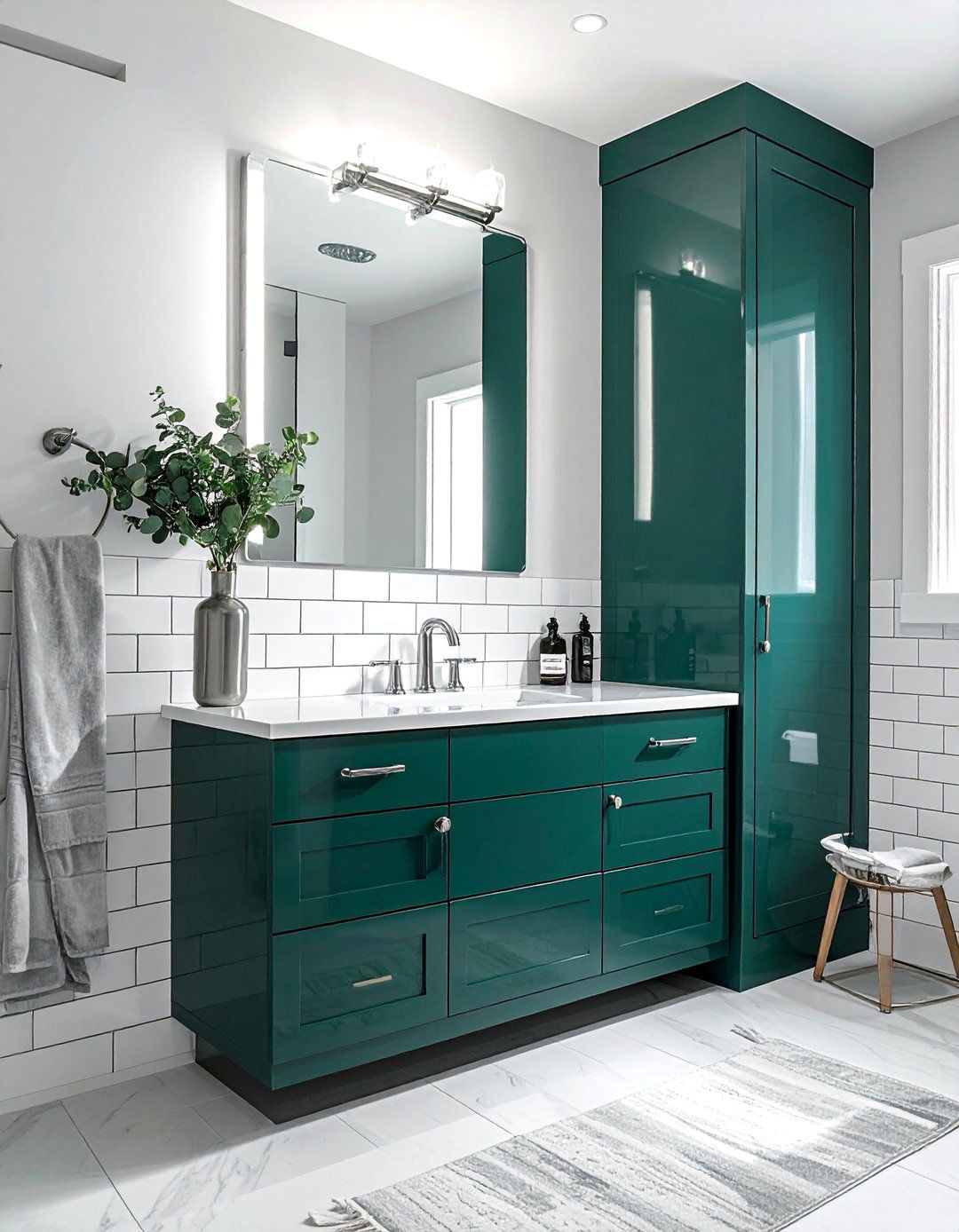Dark Teal Green Vanity with White Subway Tile Backsplash - 15 Gorgeous Bathroom Designs Featuring Green Vanities