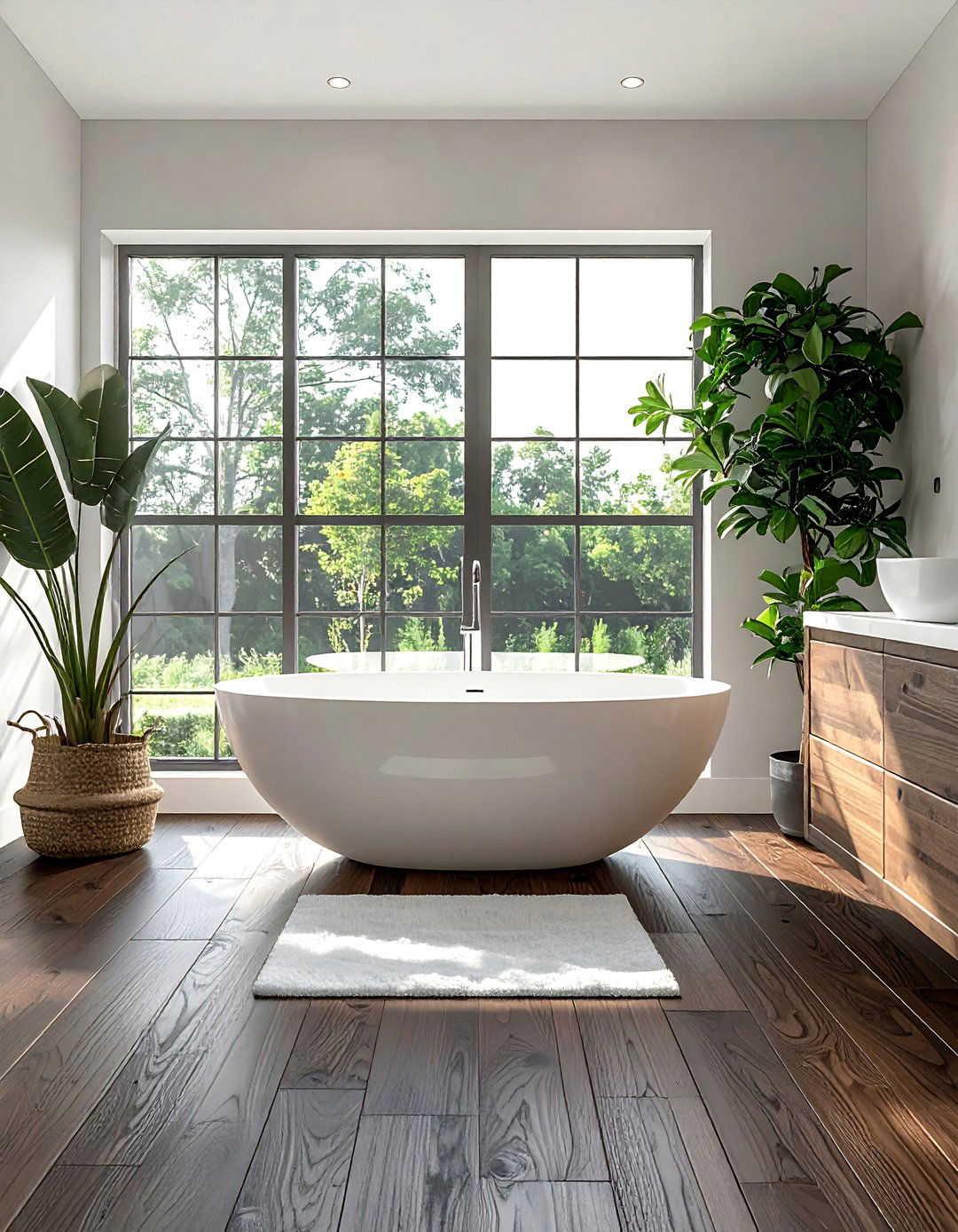 Dark Walnut Flooring with a Freestanding Tub - 25 Dark Wood Floor Bathroom Ideas for a Cozy Retreat