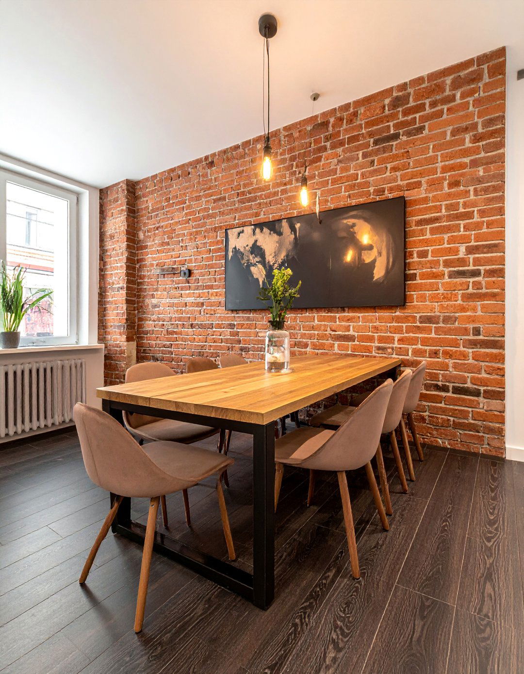 Dark Wood Floor Dining Room Adjacent to an Exposed Brick Wall - 15 Dark Wood Floor Dining Room Ideas for a Sophisticated Look