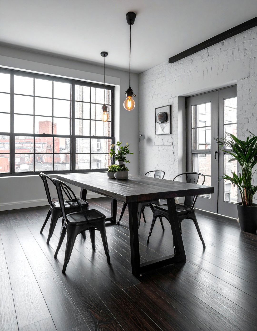 Dark Wood Floor Dining Room Featuring Industrial Metal Accents - 15 Dark Wood Floor Dining Room Ideas for a Sophisticated Look