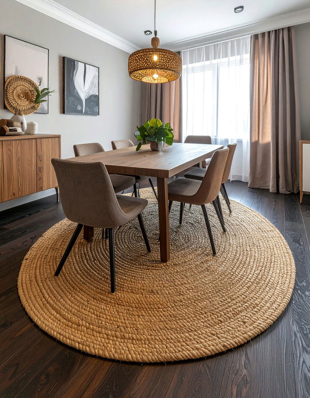 Dark Wood Floor Dining Room Featuring a Natural Fiber Rug - 15 Dark Wood Floor Dining Room Ideas for a Sophisticated Look