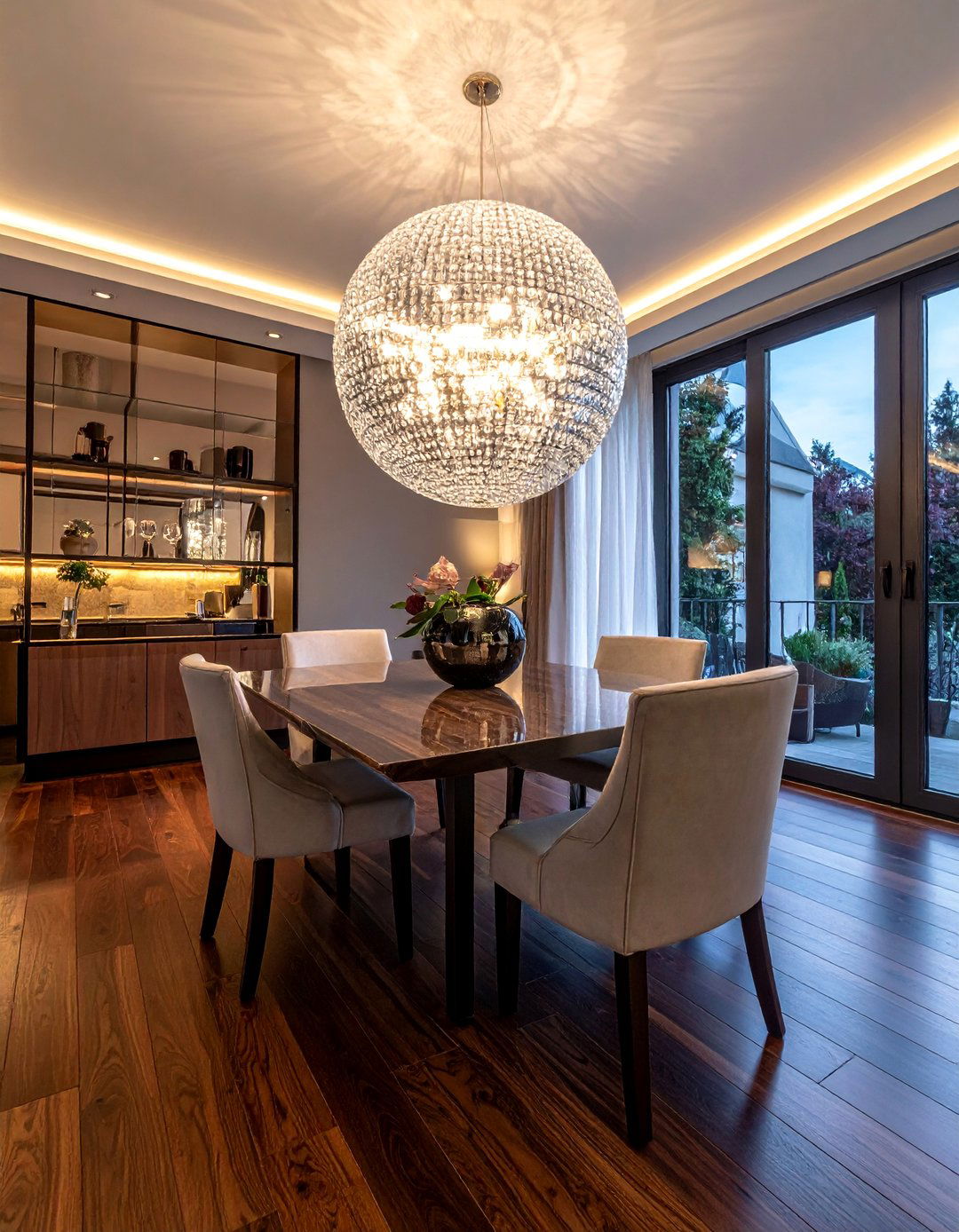 Dark Wood Floor Dining Room Illuminated by a Statement Chandelier - 15 Dark Wood Floor Dining Room Ideas for a Sophisticated Look