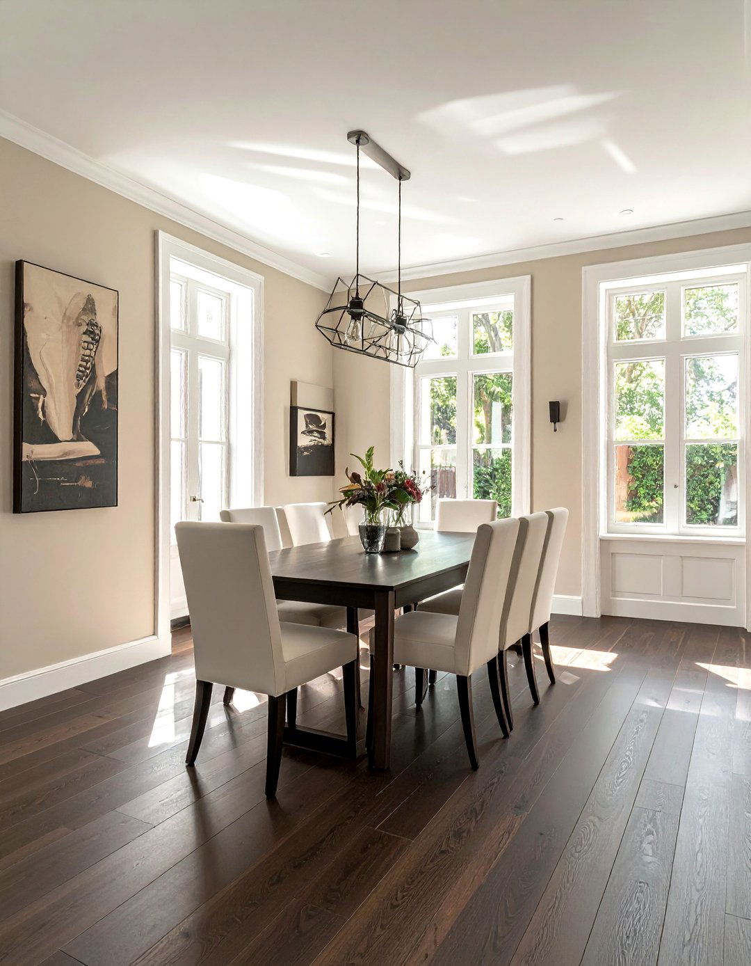 Dark Wood Floor Dining Room with Light Contrast Walls - 15 Dark Wood Floor Dining Room Ideas for a Sophisticated Look