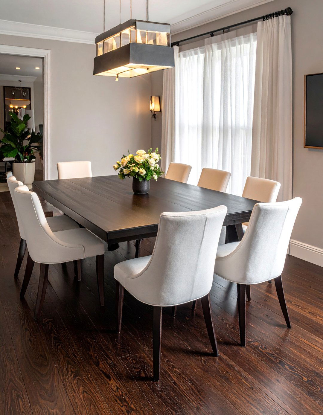 Dark Wood Floor Dining Room with White Upholstered Chairs - 15 Dark Wood Floor Dining Room Ideas for a Sophisticated Look