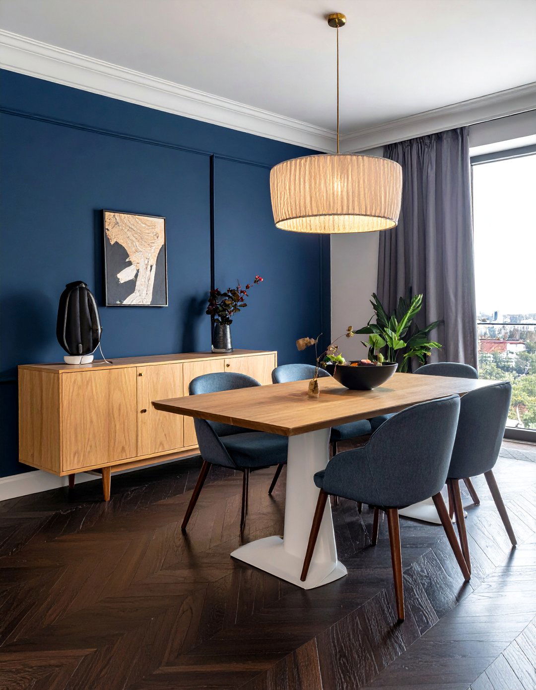 Dark Wood Floor Dining Room with a Bold Accent Wall