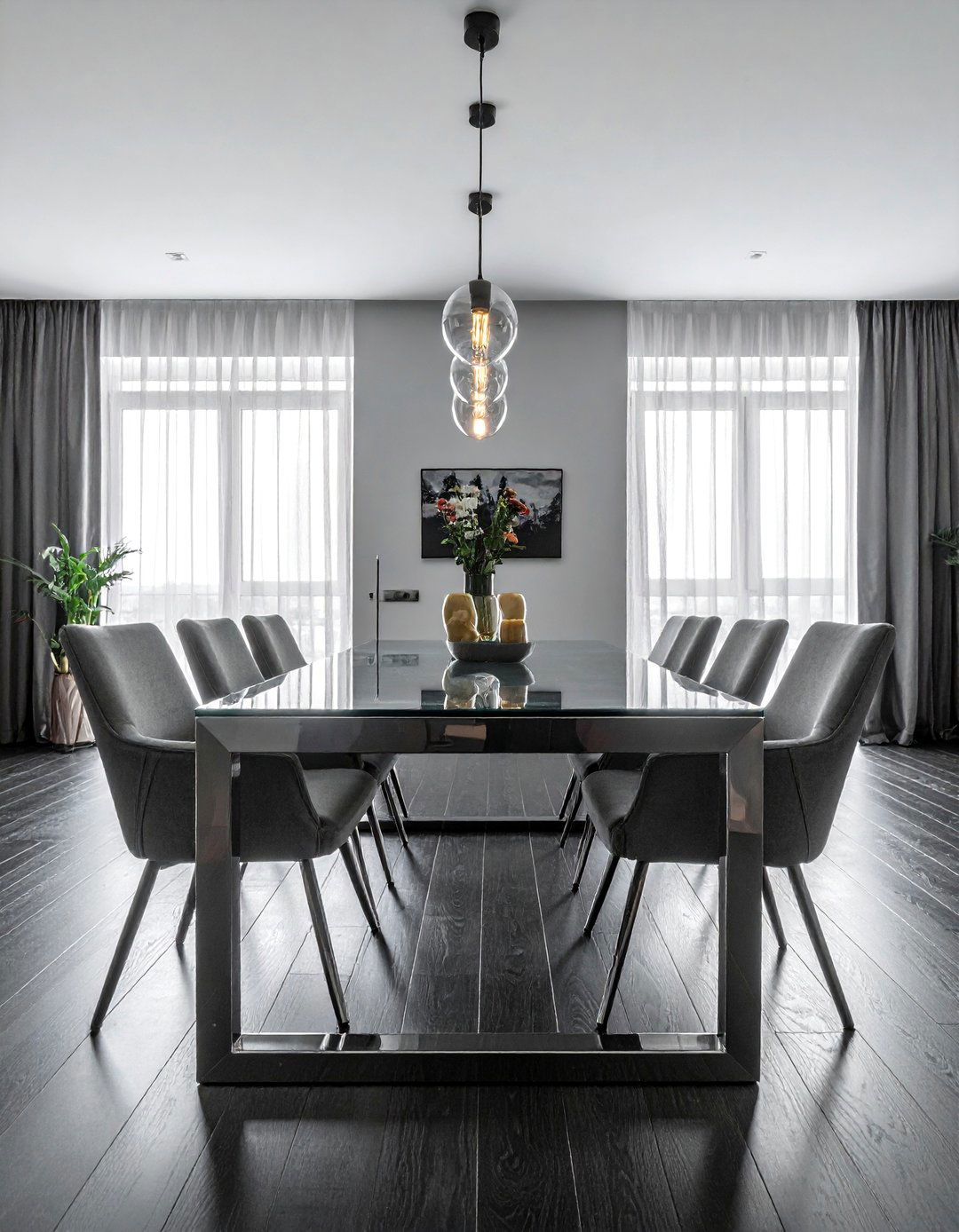 Dark Wood Floor Dining Room with a Sleek Glass Top Table - 15 Dark Wood Floor Dining Room Ideas for a Sophisticated Look