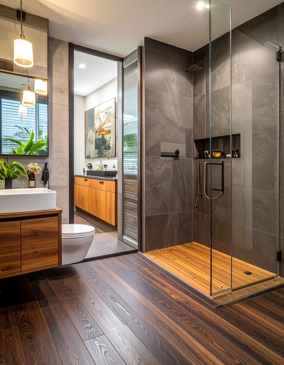 Dark Wood Floor with a Glass Walk In Shower - 25 Dark Wood Floor Bathroom Ideas for a Cozy Retreat