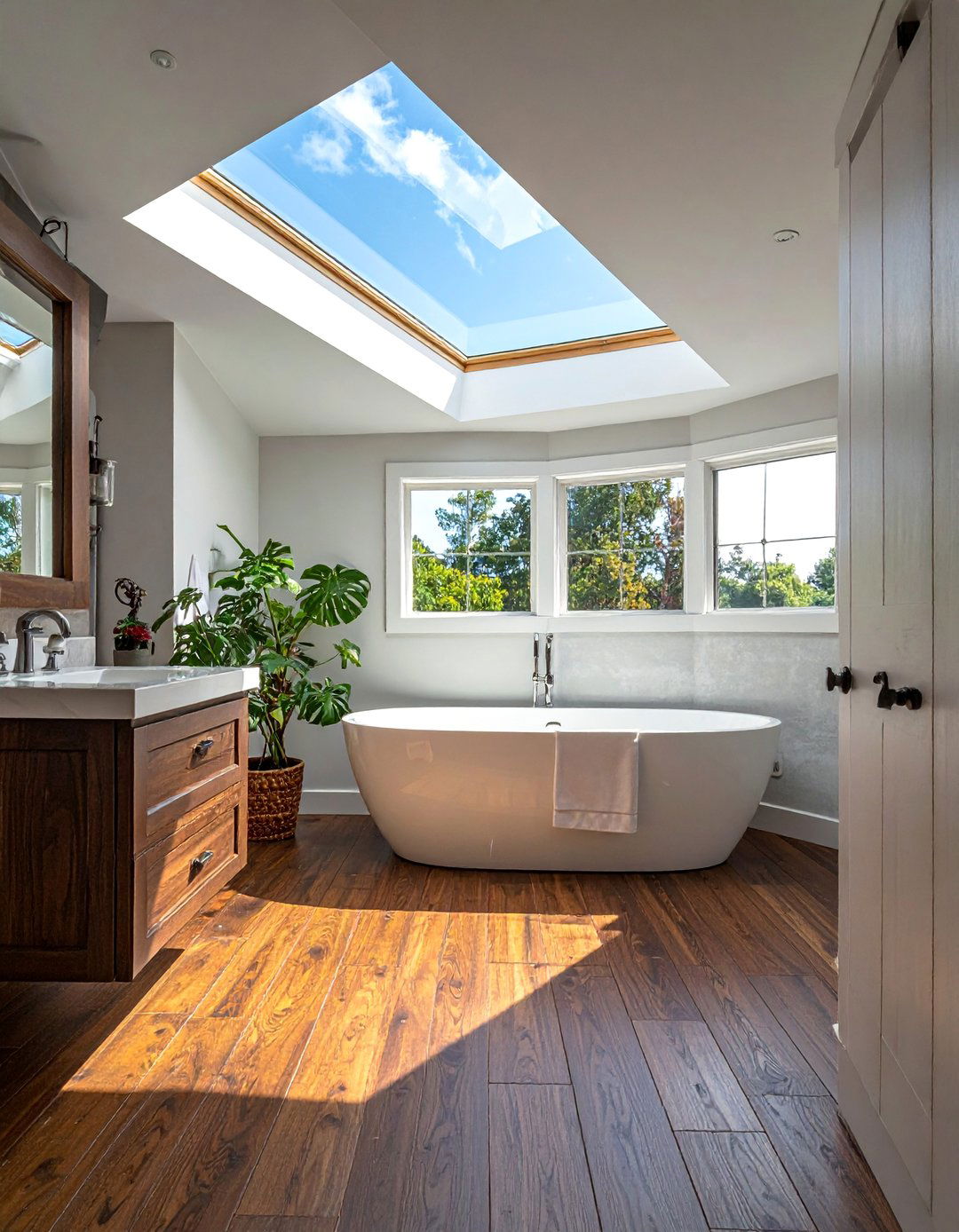 Dark Wood Floors Balanced by a Skylight - 25 Dark Wood Floor Bathroom Ideas for a Cozy Retreat