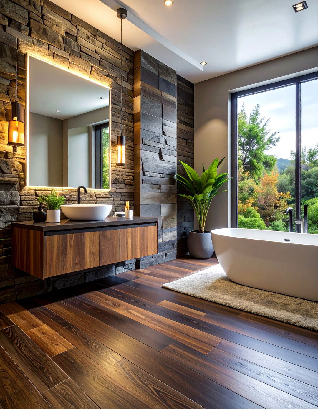 Dark Wood Floors and Natural Stone Accents - 25 Dark Wood Floor Bathroom Ideas for a Cozy Retreat