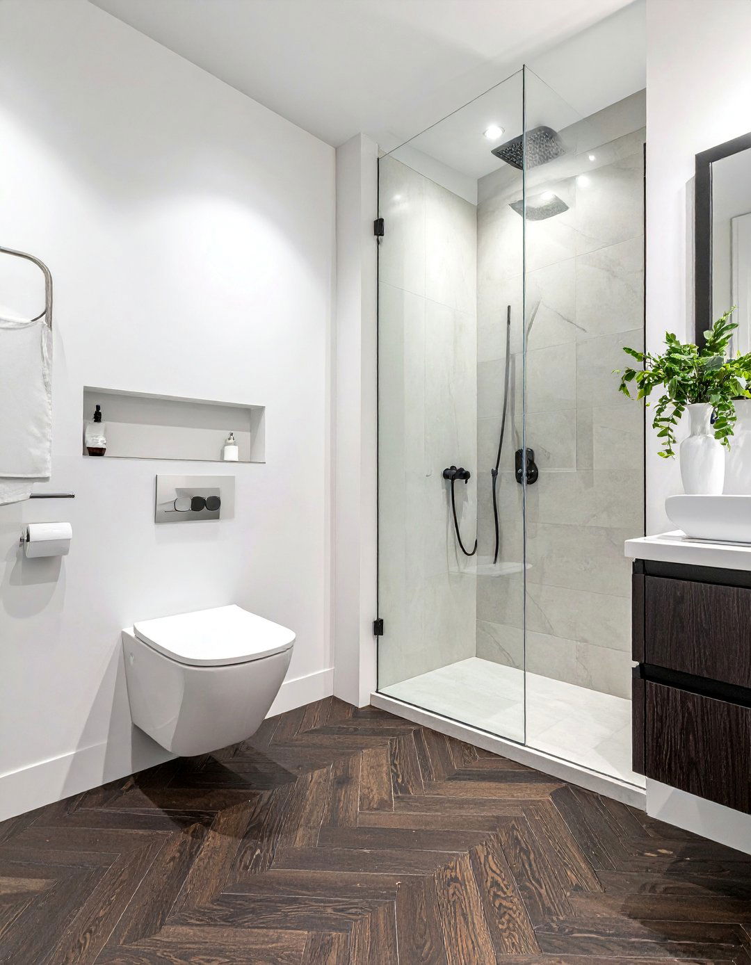 Dark Wood Floors in a Herringbone Pattern - 25 Dark Wood Floor Bathroom Ideas for a Cozy Retreat