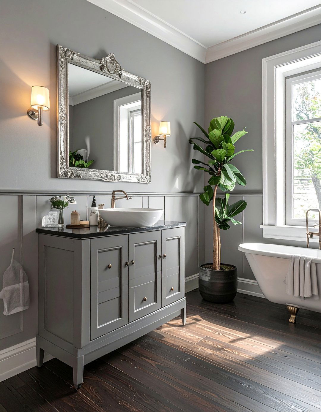 Dark Wood Floors in a Small Powder Room - 25 Dark Wood Floor Bathroom Ideas for a Cozy Retreat