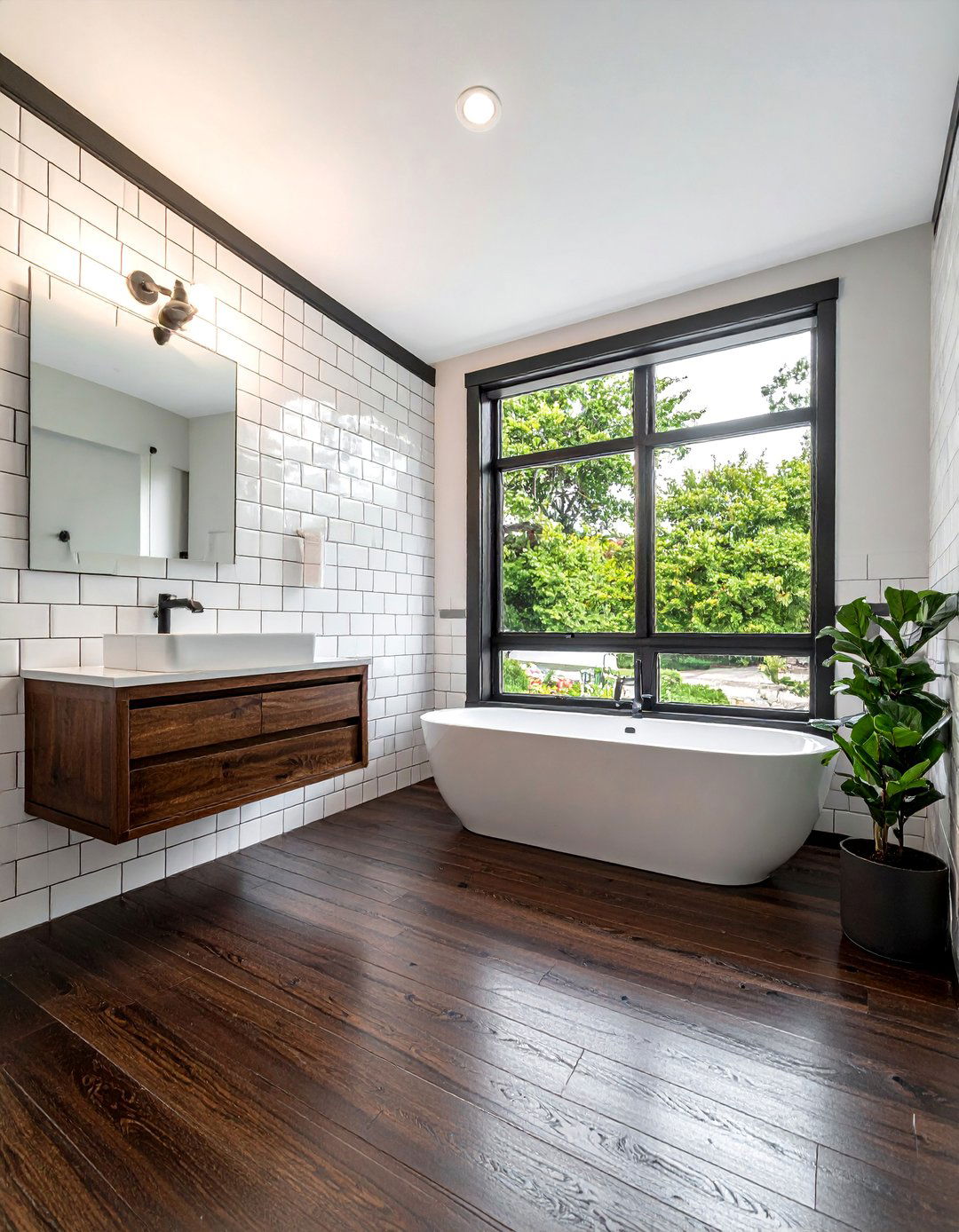 Dark Wood Floors with White Subway Tile Walls