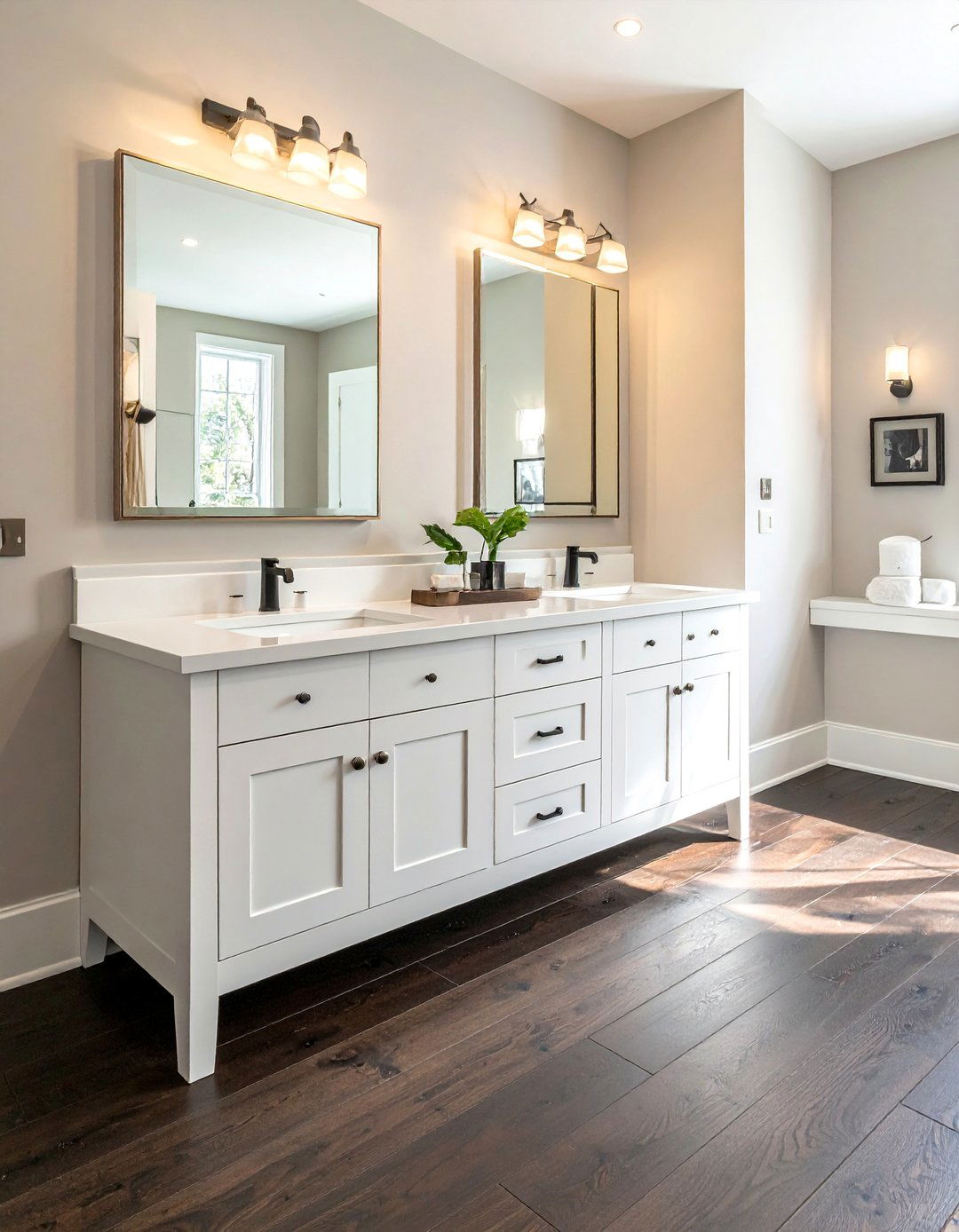 Dark Wood Floors with a Dual Sink Vanity - 25 Dark Wood Floor Bathroom Ideas for a Cozy Retreat