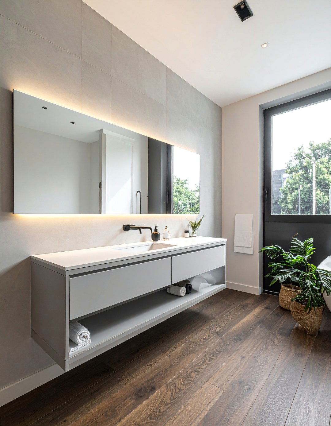 Dark Wood Floors with a Floating Vanity - 25 Dark Wood Floor Bathroom Ideas for a Cozy Retreat