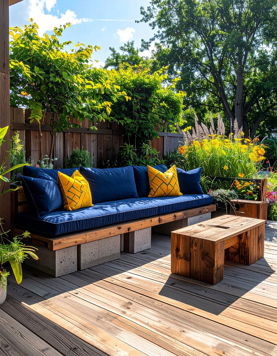 Deck Featuring a DIY Cinder Block Bench - 25 Deck Decorating Ideas to Refresh Your Outdoor Area