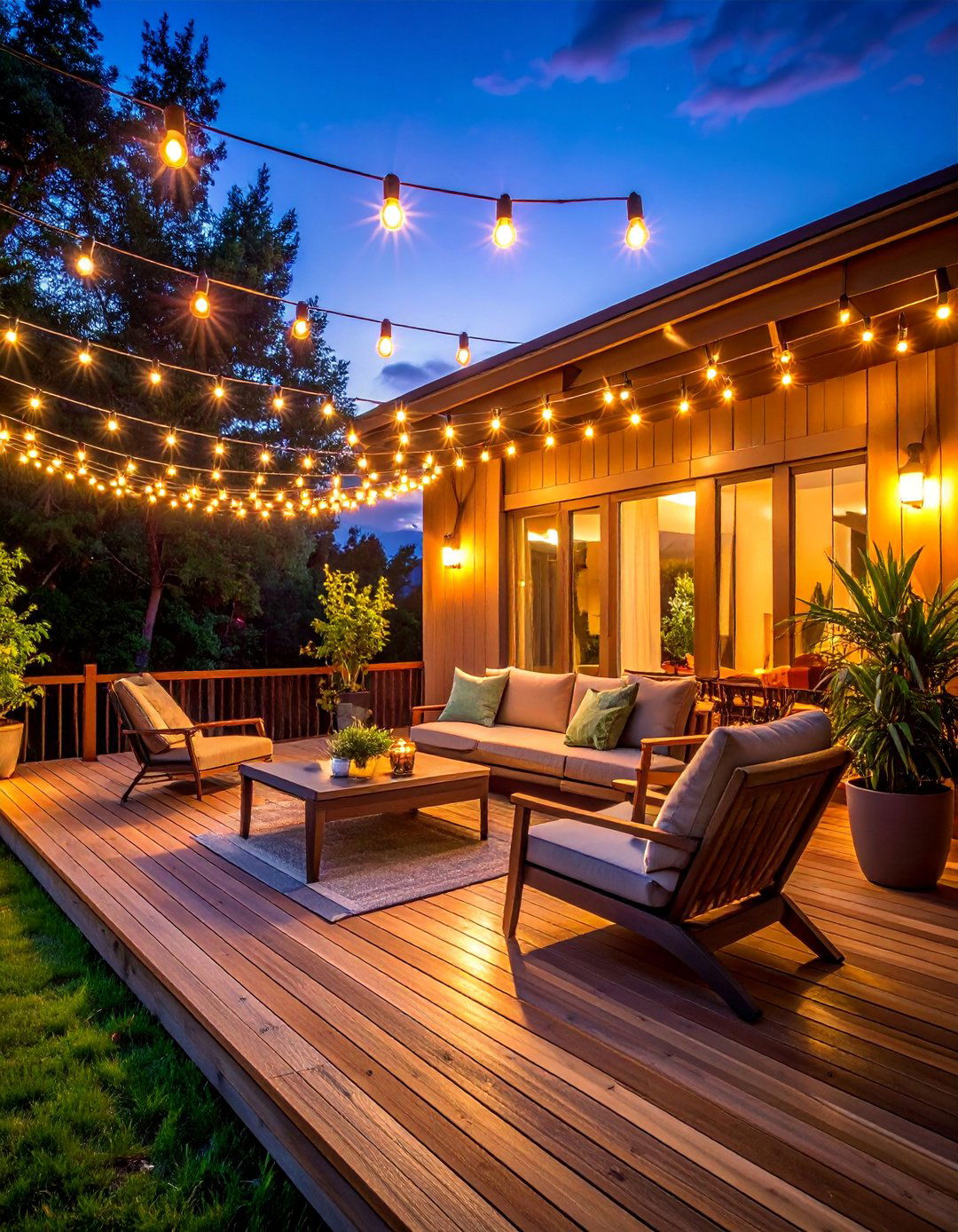 Deck Illuminated by Solar Powered String Lights - 25 Deck Decorating Ideas to Refresh Your Outdoor Area