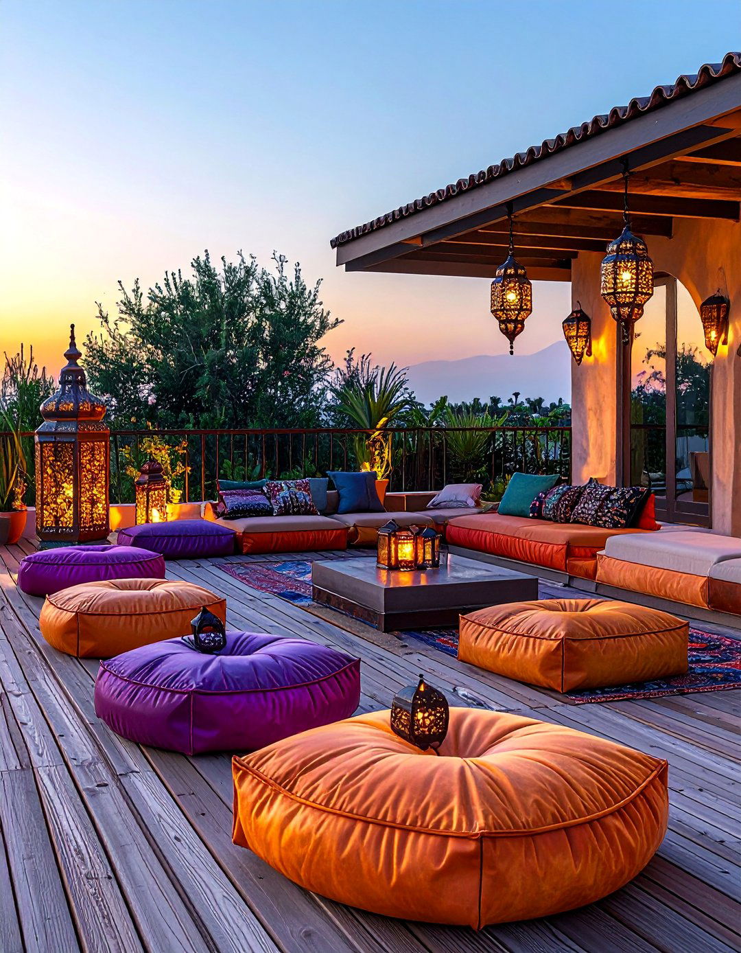 Deck with Moroccan Style Floor Poufs and Lanterns - 25 Deck Decorating Ideas to Refresh Your Outdoor Area